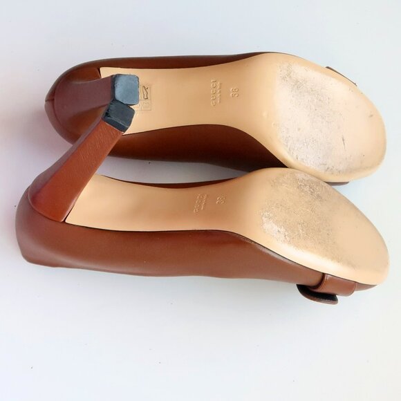 Gucci Brown Leather Block Heel Pumps Logo Buckle Designer Office Party Shoes 7.5 - Picture 14 of 16